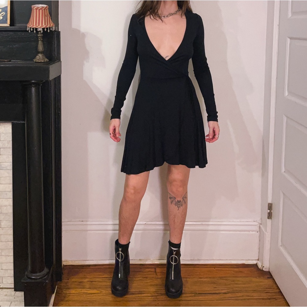 Ribbed Black Long Sleeve Wrap Dress